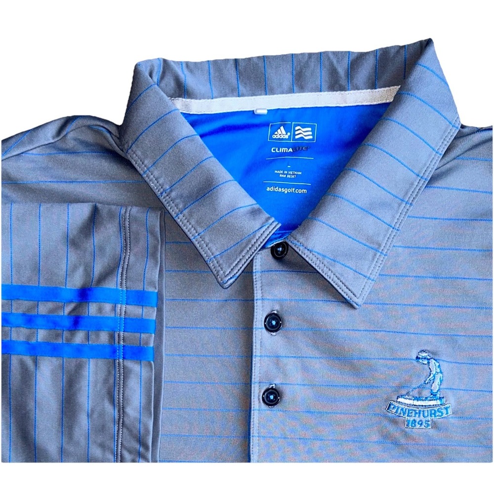 PINEHURST x ADIDAS Polo Shirt Golf Wicking Gray Stripe Performance Sz Large Logo